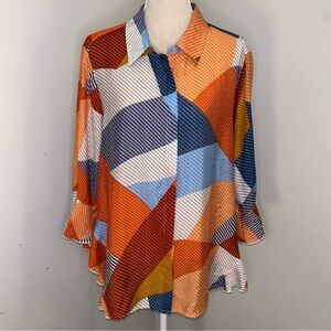 Lior Paris blue & orange mixed stripe ruffle sleeve blouse top size Large